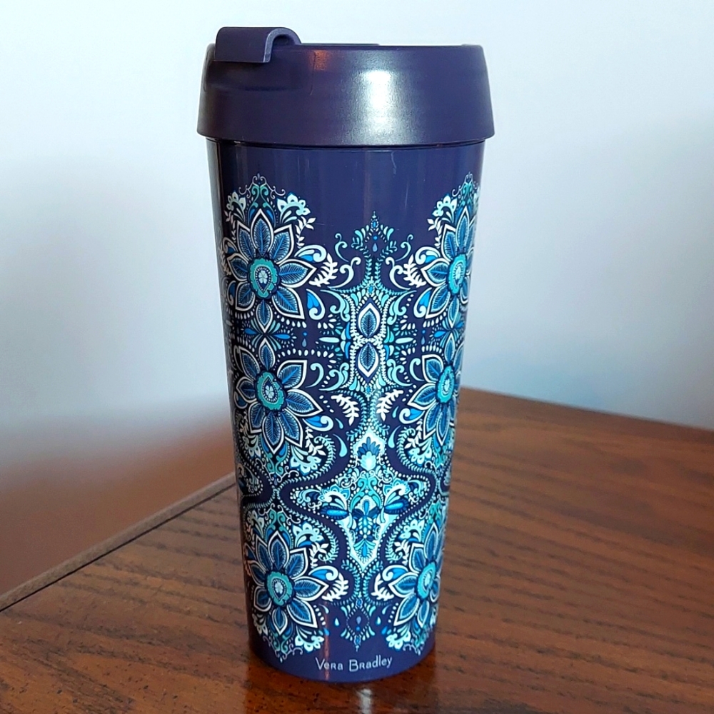 Vera Bradley Blue Island Medallion Acrylic Travel Mug 16 Ounce Tumbler Like New